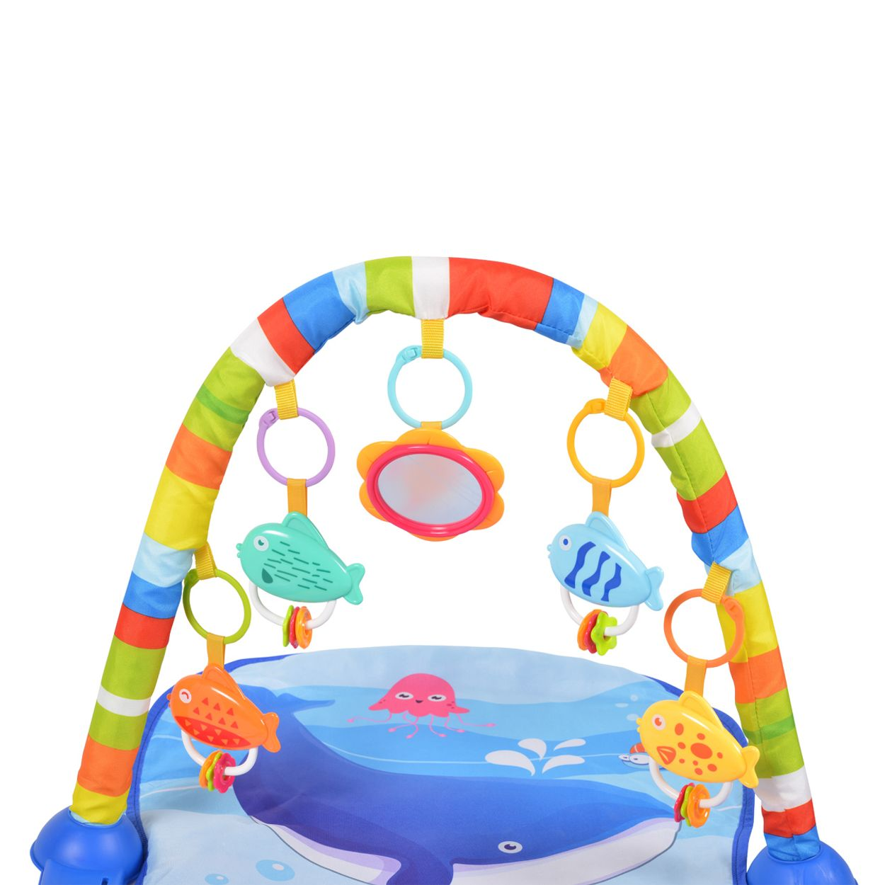 Buntes Baby-Spielnetz mit hängenden Fischen und einem Spiegel über einer blauen Unterwasser-Spielmatte.