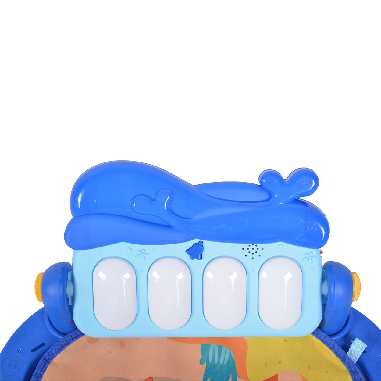 Ein blaues Baby-Klavier-Spielzeug mit vier weißen Tasten und einem Walmotiv oben drauf.