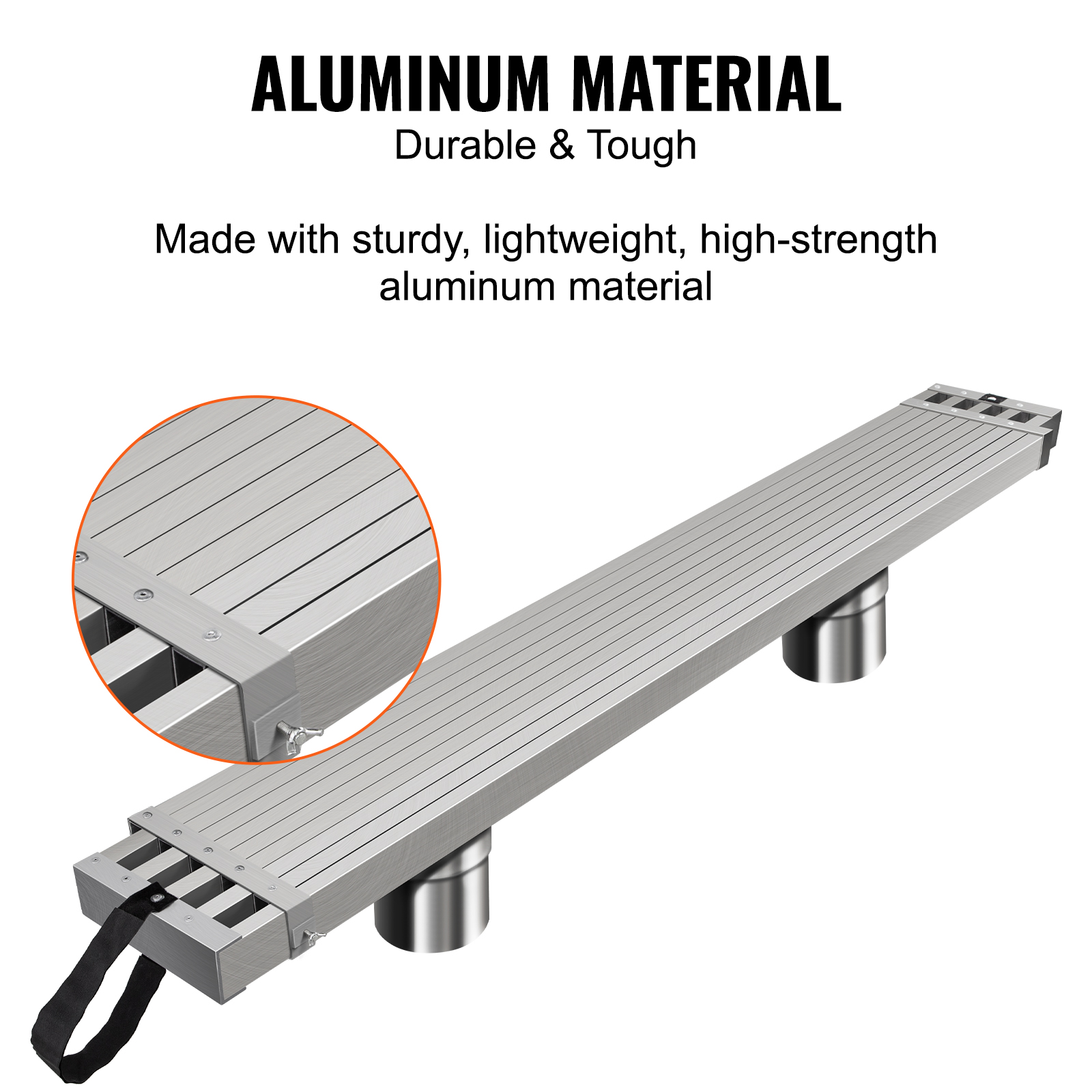Producto de material de aluminio que muestra construcción duradera y un zoom circular.