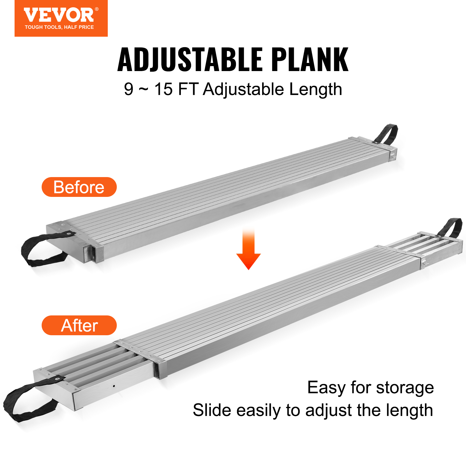 Tablón de aluminio ajustable Vevor mostrado antes y después de ajustar su longitud.