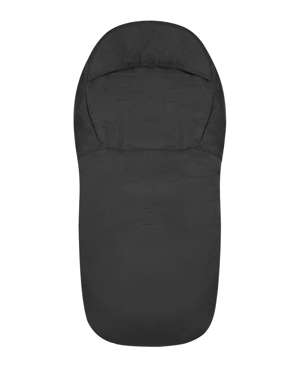 Ein schwarzer Kinderwagen-Fußsack mit Öffnungen für Sicherheitsgurte, isoliert auf weißem Hintergrund.