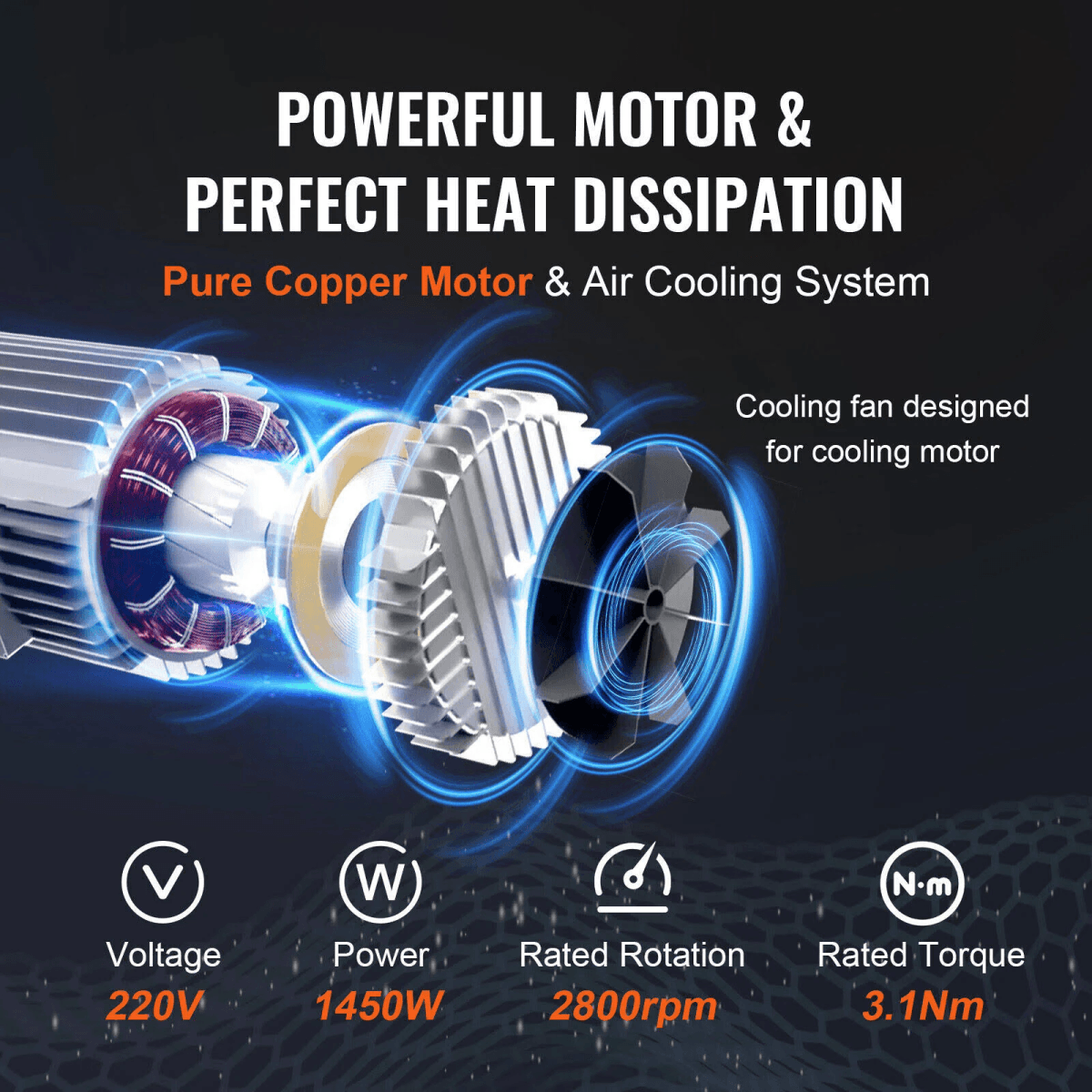 Diagrama de un motor de cobre con sistema de refrigeración y especificaciones como voltaje, potencia, rotación y par.