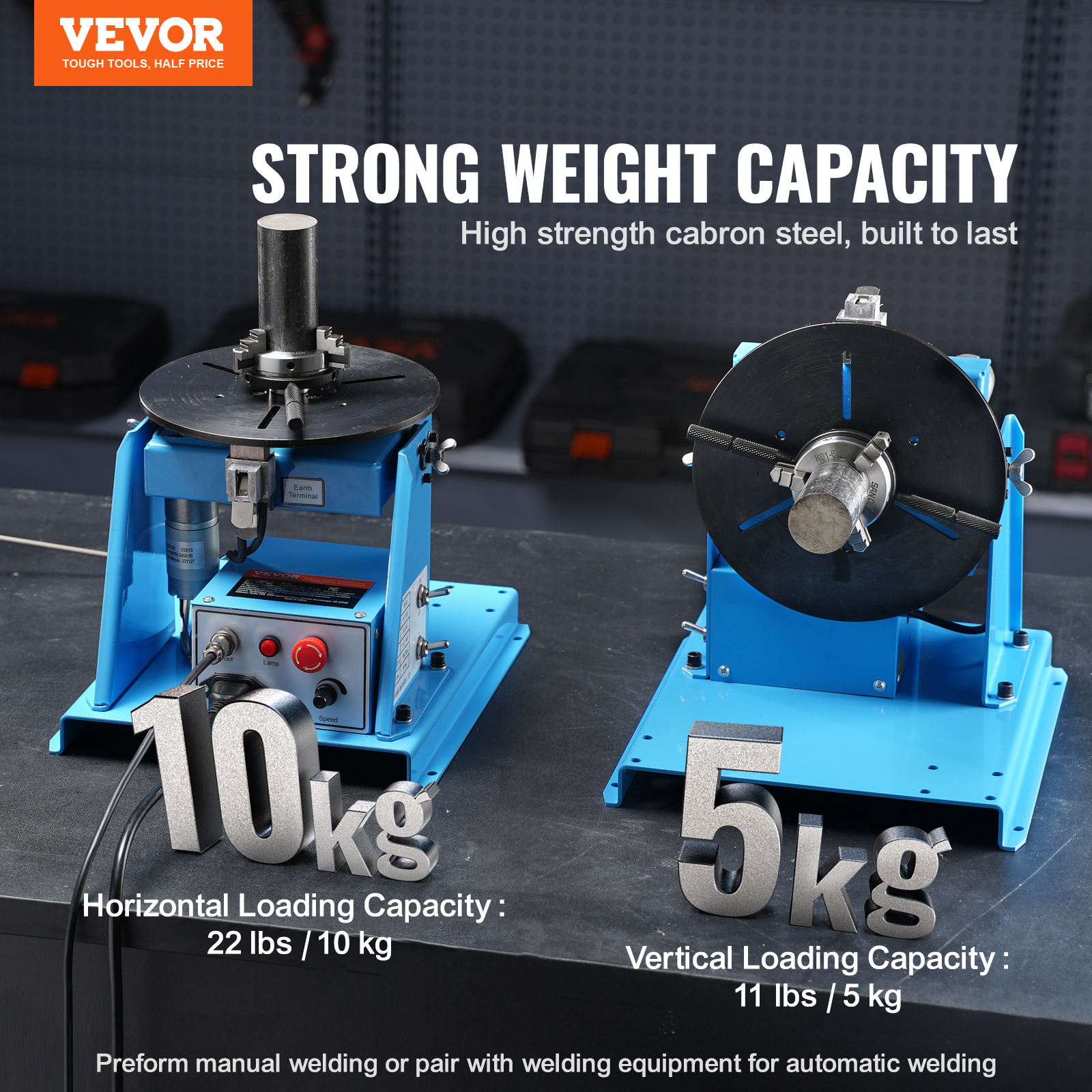 Dos posicionadores de soldadura azules sobre una mesa con capacidades de 10 kg y 5 kg.
