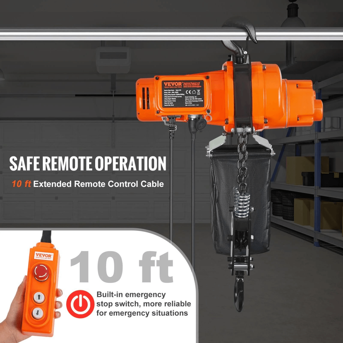 Polipasto eléctrico naranja con control remoto e interruptor de parada de emergencia.