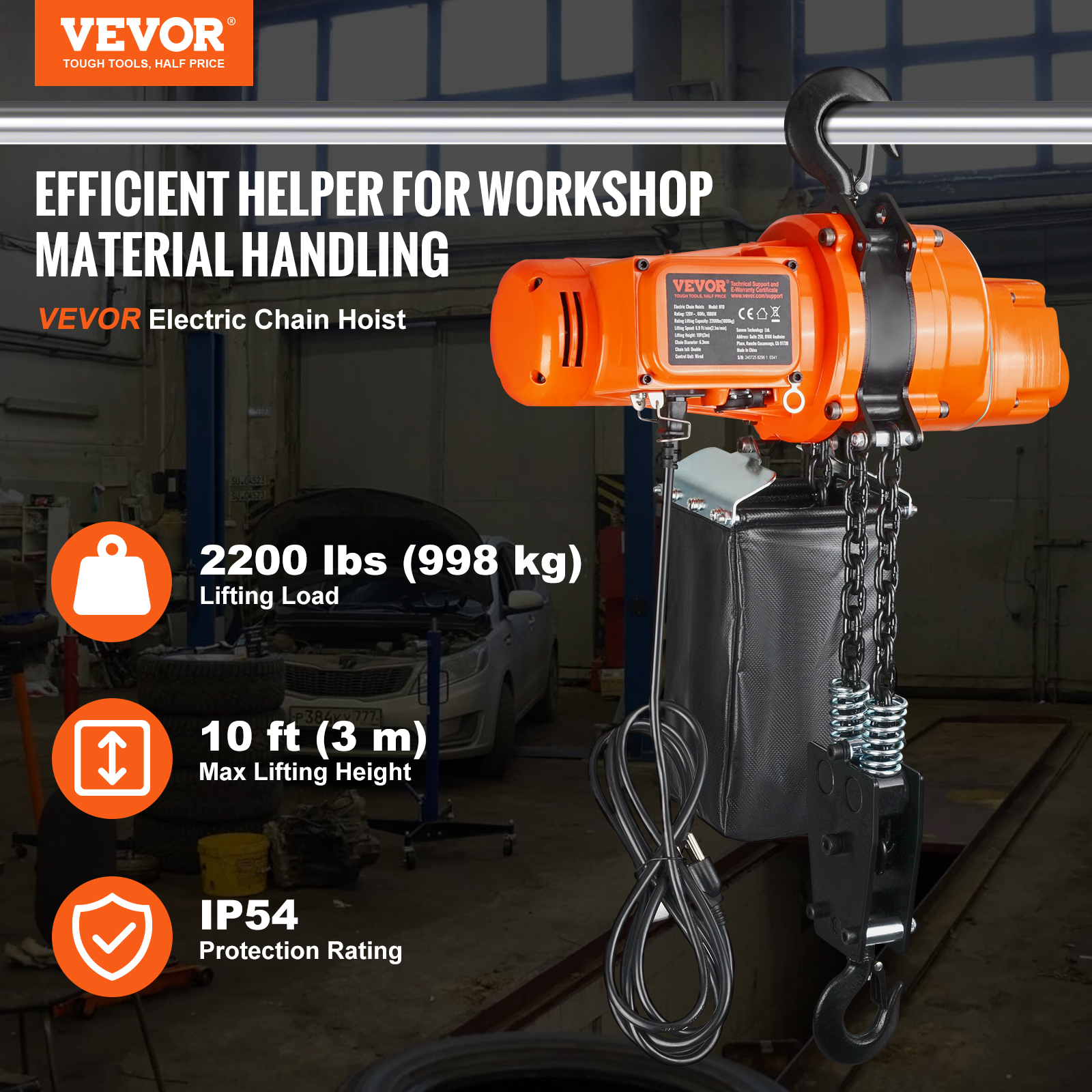 Un polipasto de cadena eléctrico naranja cuelga en un taller, con capacidad de 998 kg y altura de elevación de 3 m.