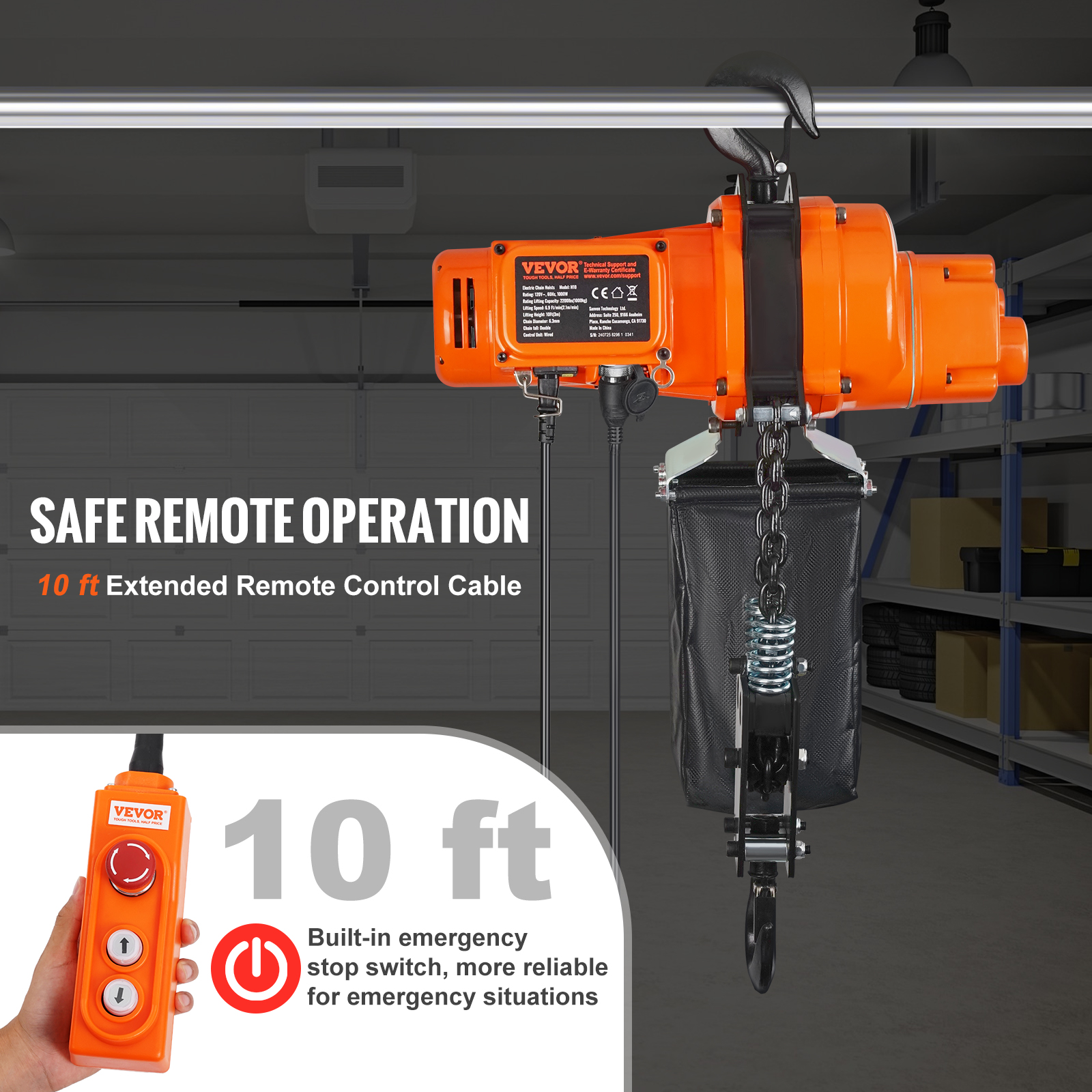 Polipasto eléctrico de cadena naranja con control remoto en un garaje.