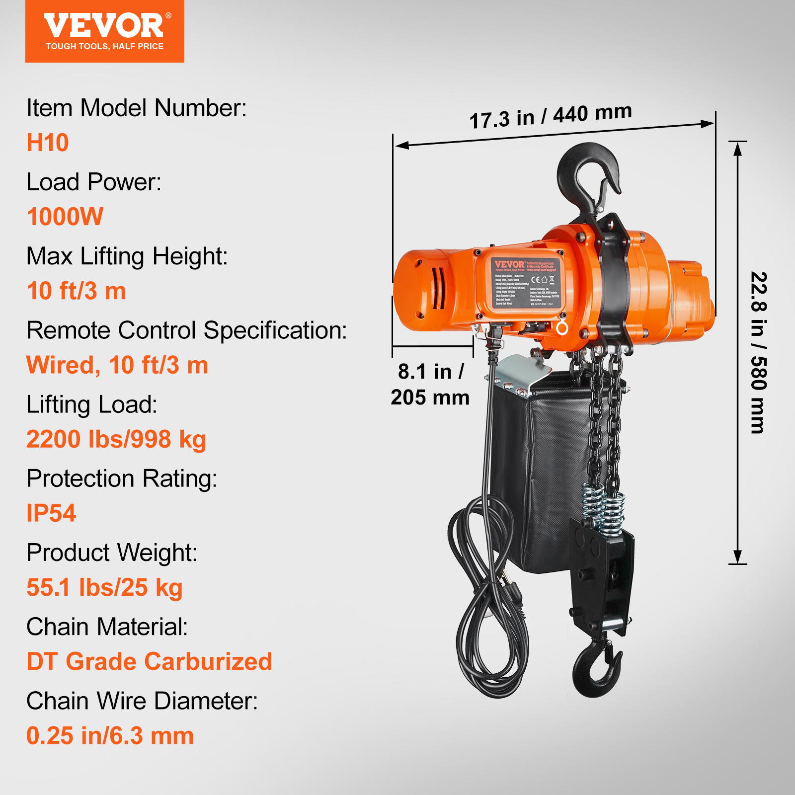 Diagrama muestra un polipasto eléctrico naranja con especificaciones como 1000W de potencia y 2200 lbs de capacidad.