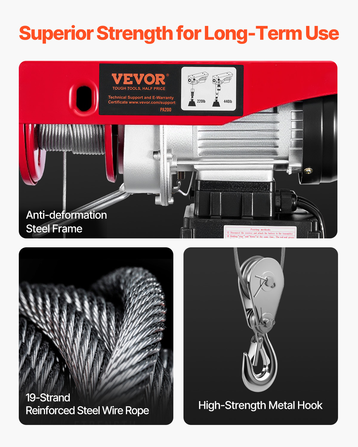 Polipasto VEVOR rojo con estructura de acero resistente, cable de acero reforzado y gancho metálico fuerte para uso duradero.