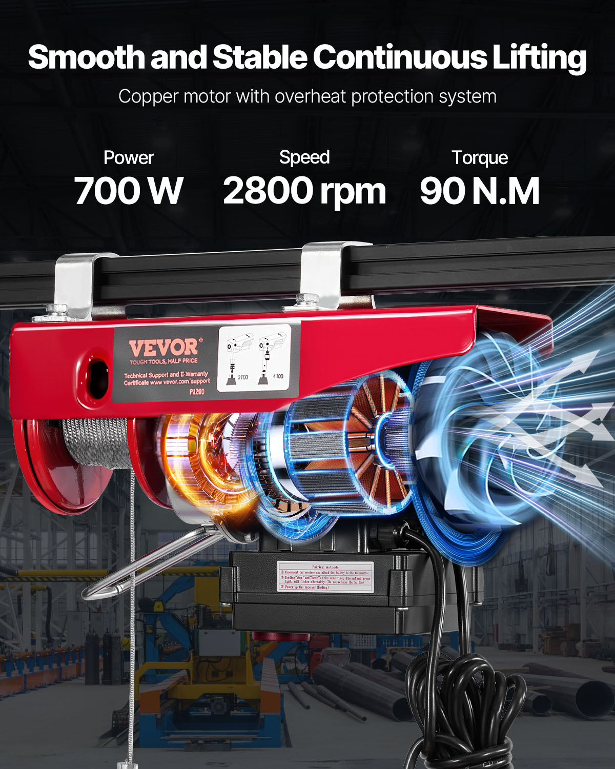 Polipasto eléctrico rojo con motor de cobre, 700 W, 2800 rpm y 90 Nm en un taller.