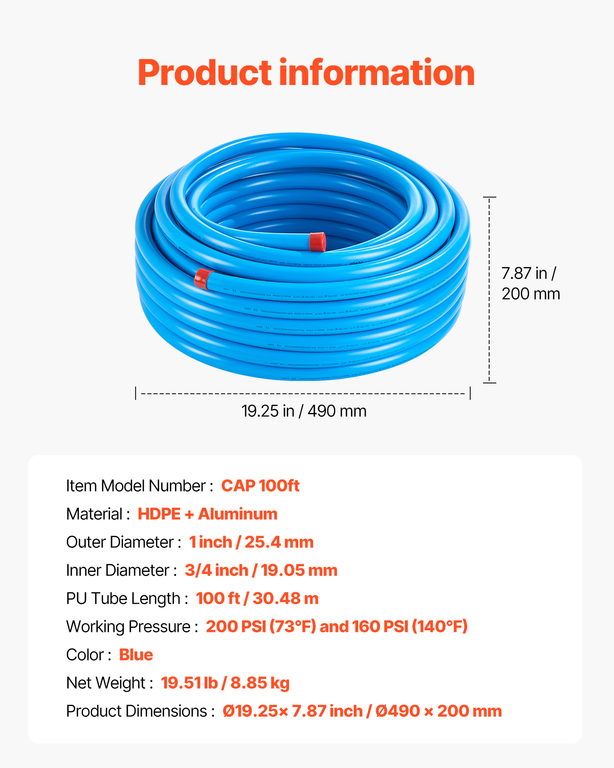 Información de producto y dimensiones de una manguera azul de HDPE y aluminio.