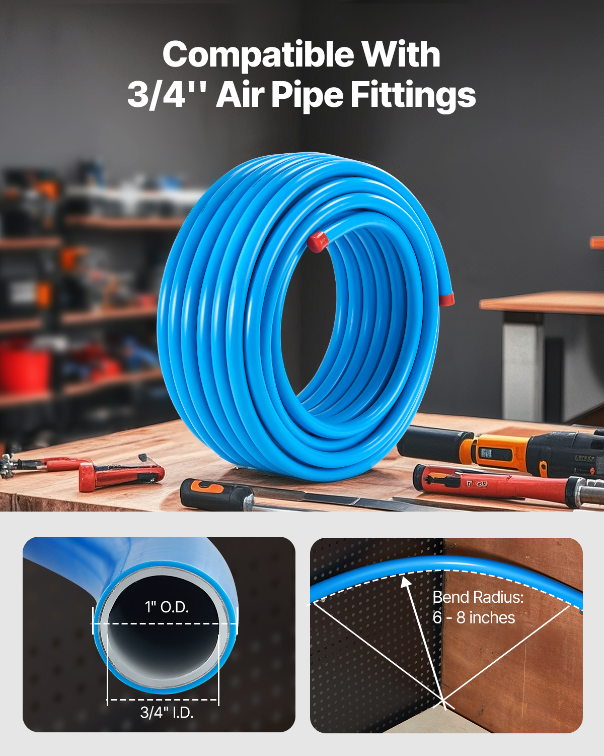 Un rollo de tubería de aire azul en un banco de madera con herramientas, diagramas de diámetro y radio de curvatura.