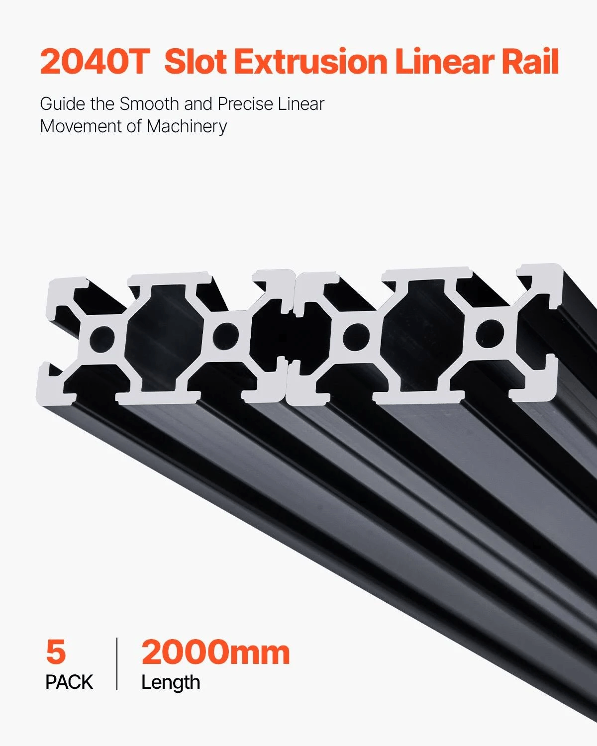 Anuncio de producto para riel lineal de extrusión con ranura 2040T con texto en fondo blanco y perfil de aluminio negro.