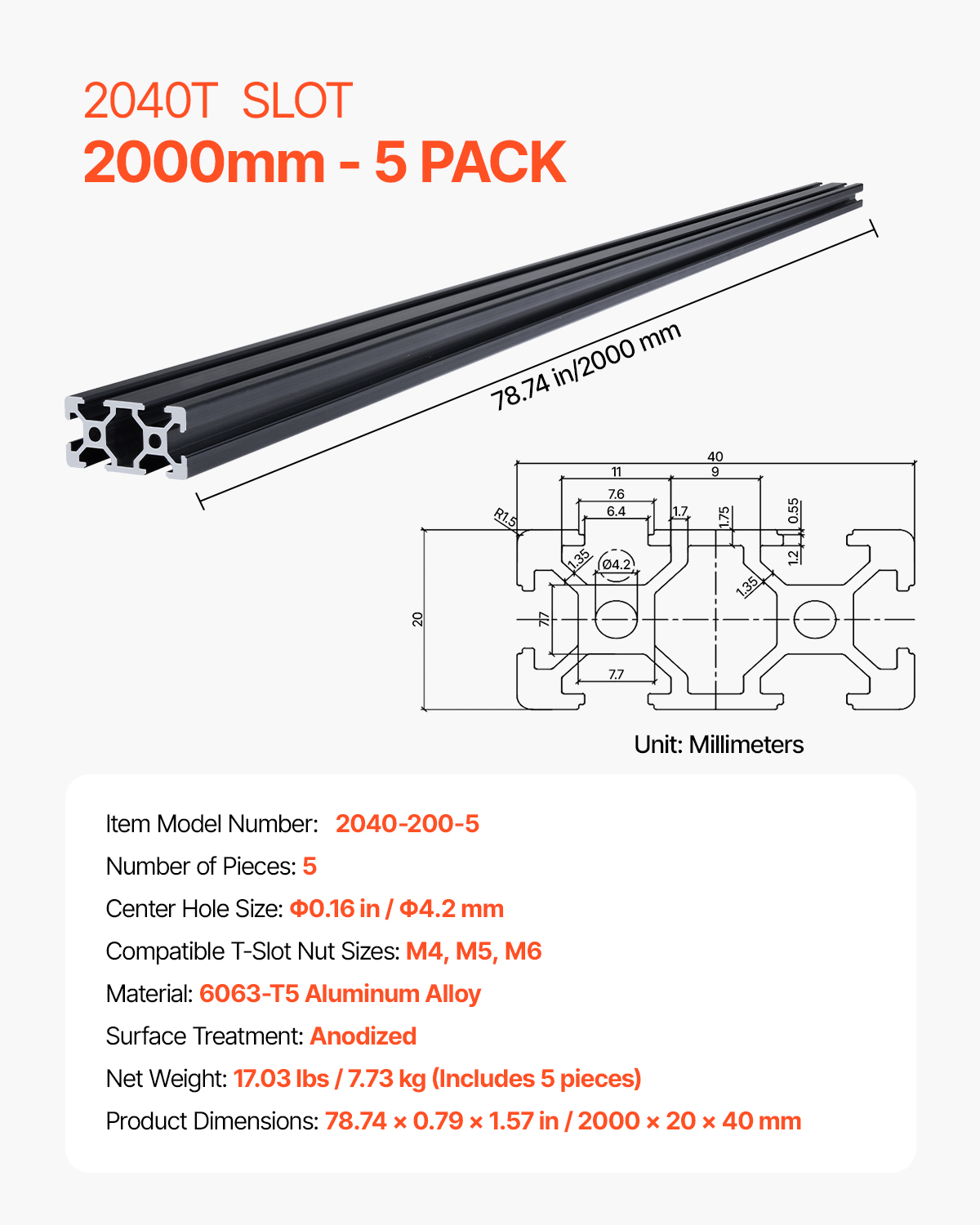 Dibujo técnico y especificaciones de extrusión de aluminio con ranura 2040T de 2000 mm y detalles de paquete de 5.