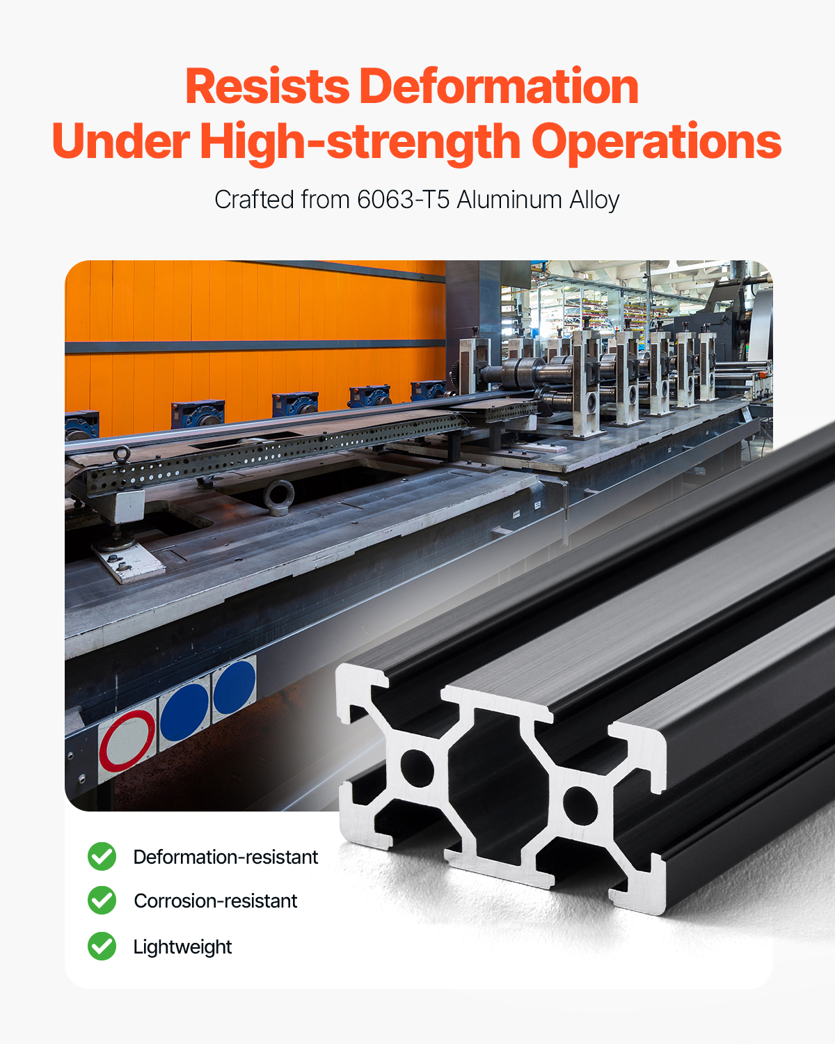 Fabricación industrial y perfil de aluminio negro con texto sobre resistencia y anticorrosión.