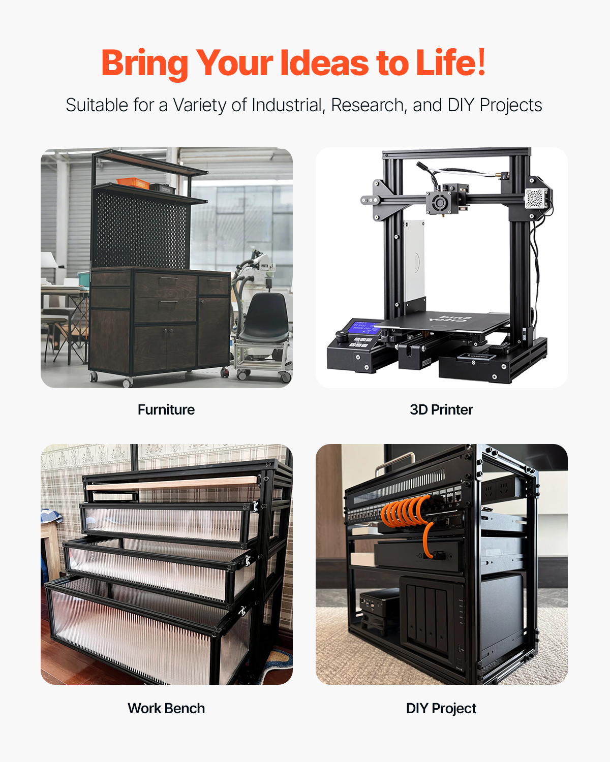 Cuatro imágenes muestran muebles, una impresora 3D, un banco de trabajo y un proyecto de bricolaje.