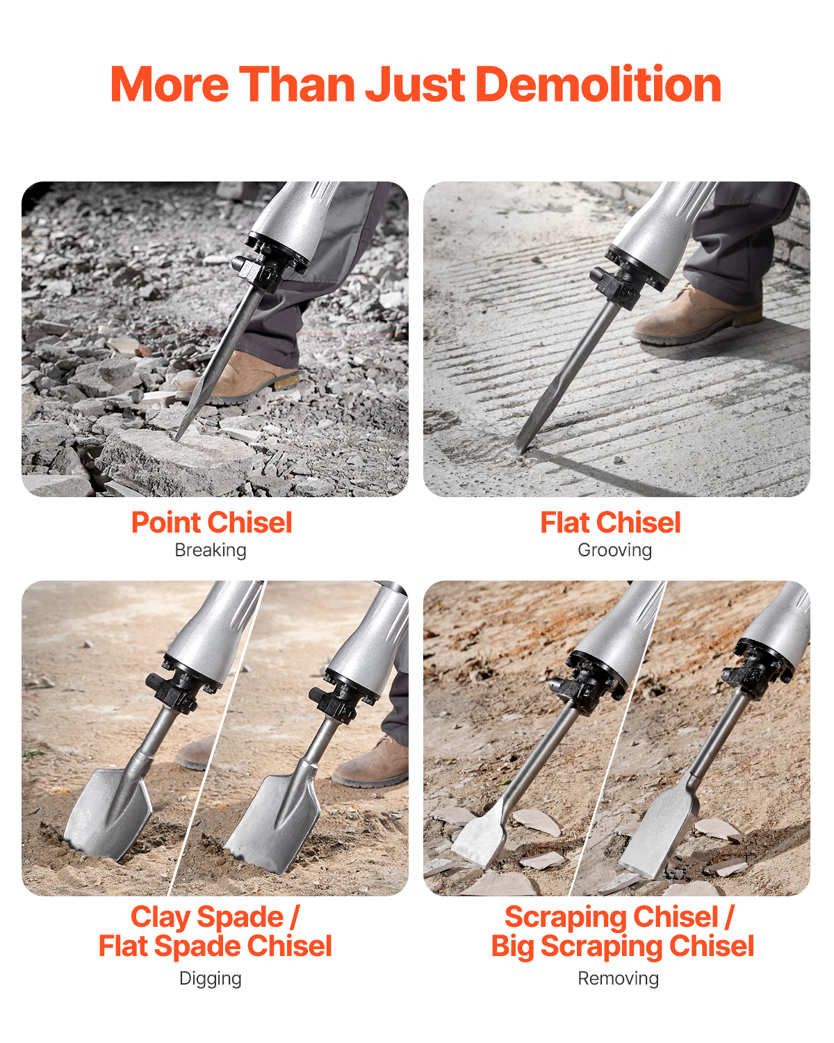 Cuatro paneles muestran diferentes accesorios de cincel en un martillo demoledor: cincel puntiagudo, plano, pala y rascador.