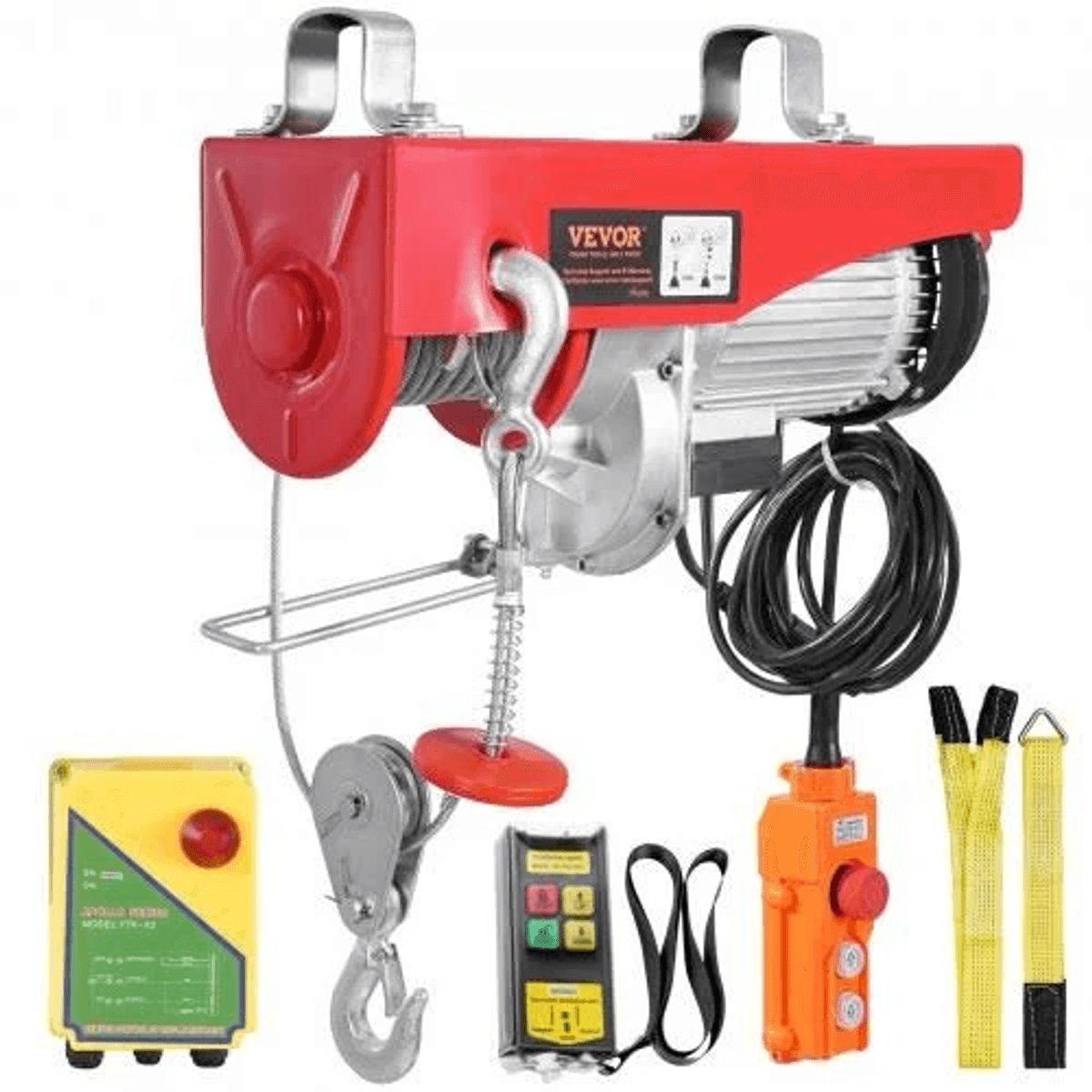 Polipasto eléctrico rojo con gancho, controles remotos amarillo y naranja, y eslingas de elevación amarillas.
