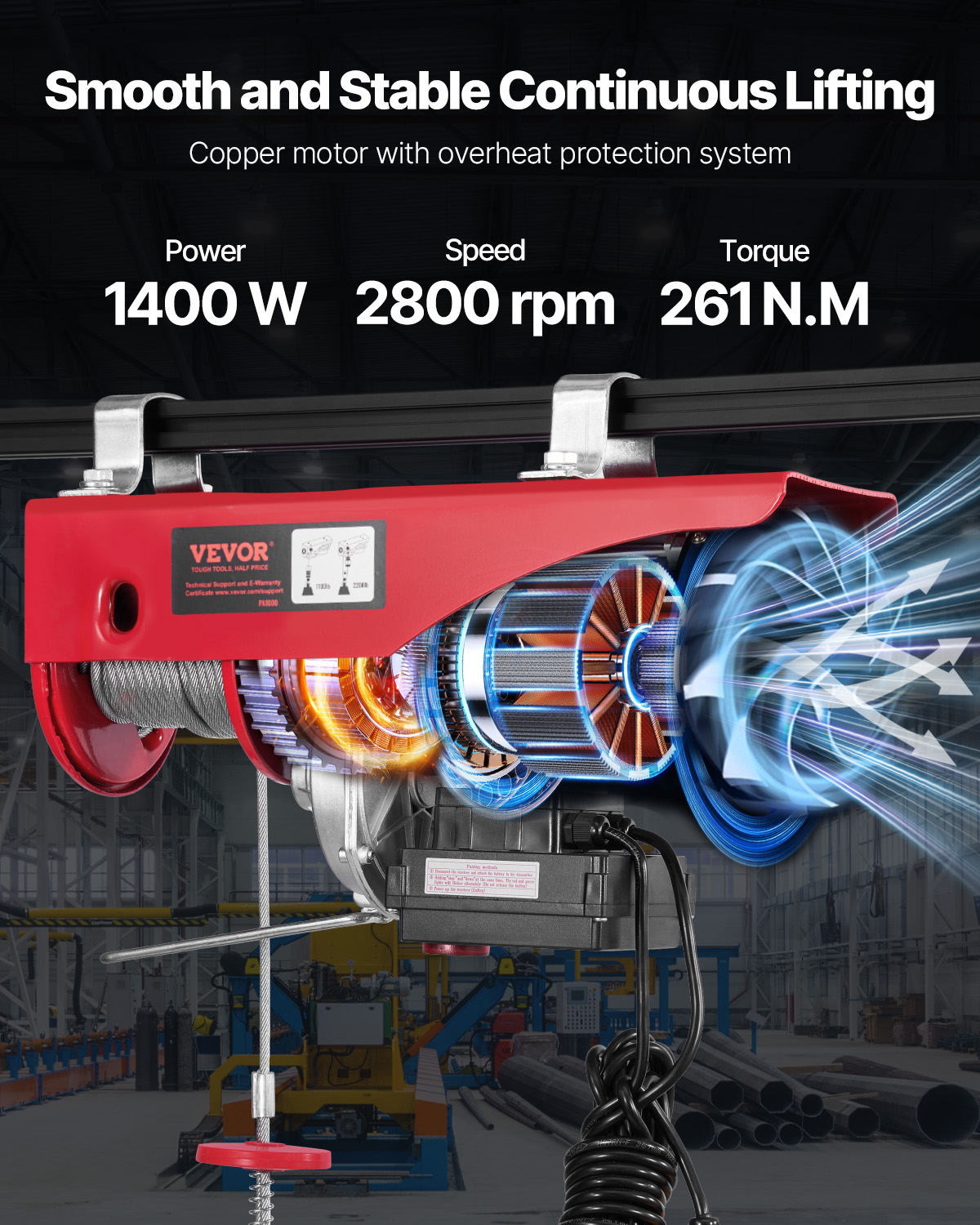 Polipasto rojo de 1400W con motor de cobre interno y especificaciones arriba sobre fondo industrial.