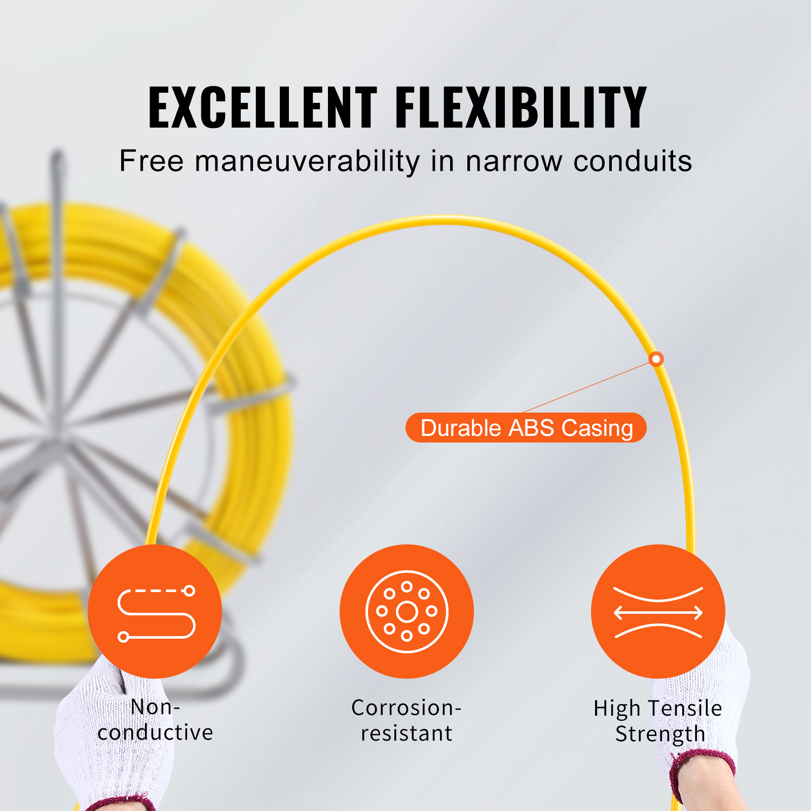 Cable amarillo doblado a mano que muestra flexibilidad, con iconos de no conductor, resistente a la corrosión y alta resistencia.