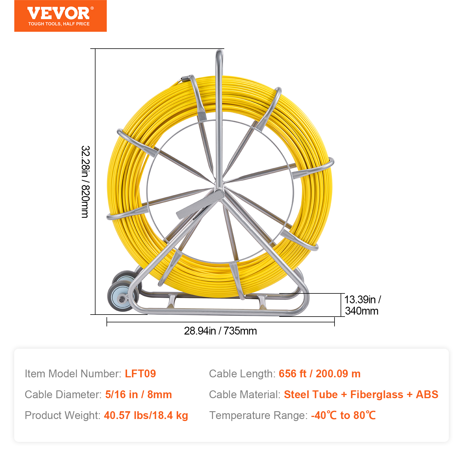 Cable de fibra óptica amarillo en carro de metal con medidas técnicas y datos.