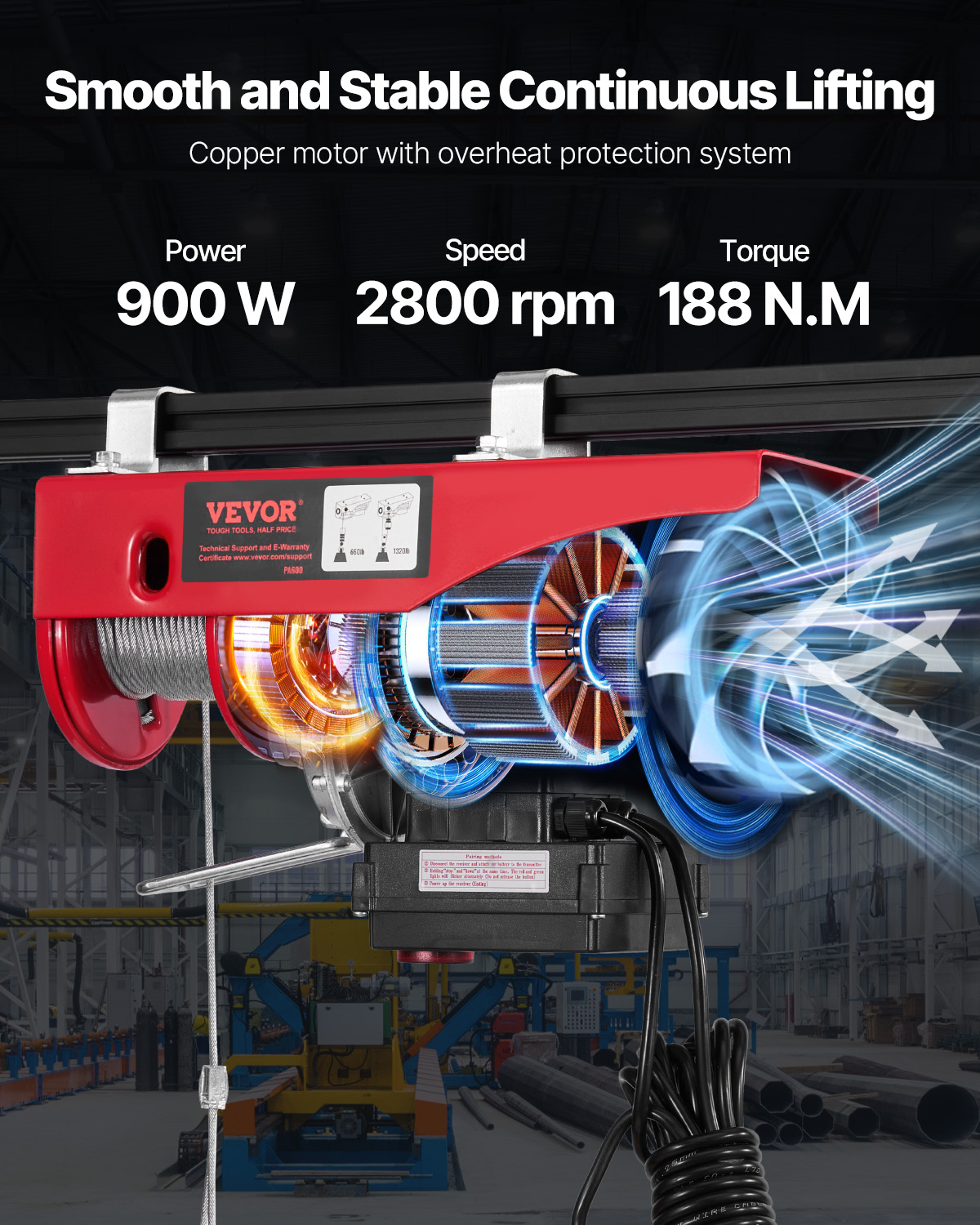Polipasto eléctrico VEVOR rojo con motor de 900W, 2800 rpm y 188 N.M de par en una fábrica.
