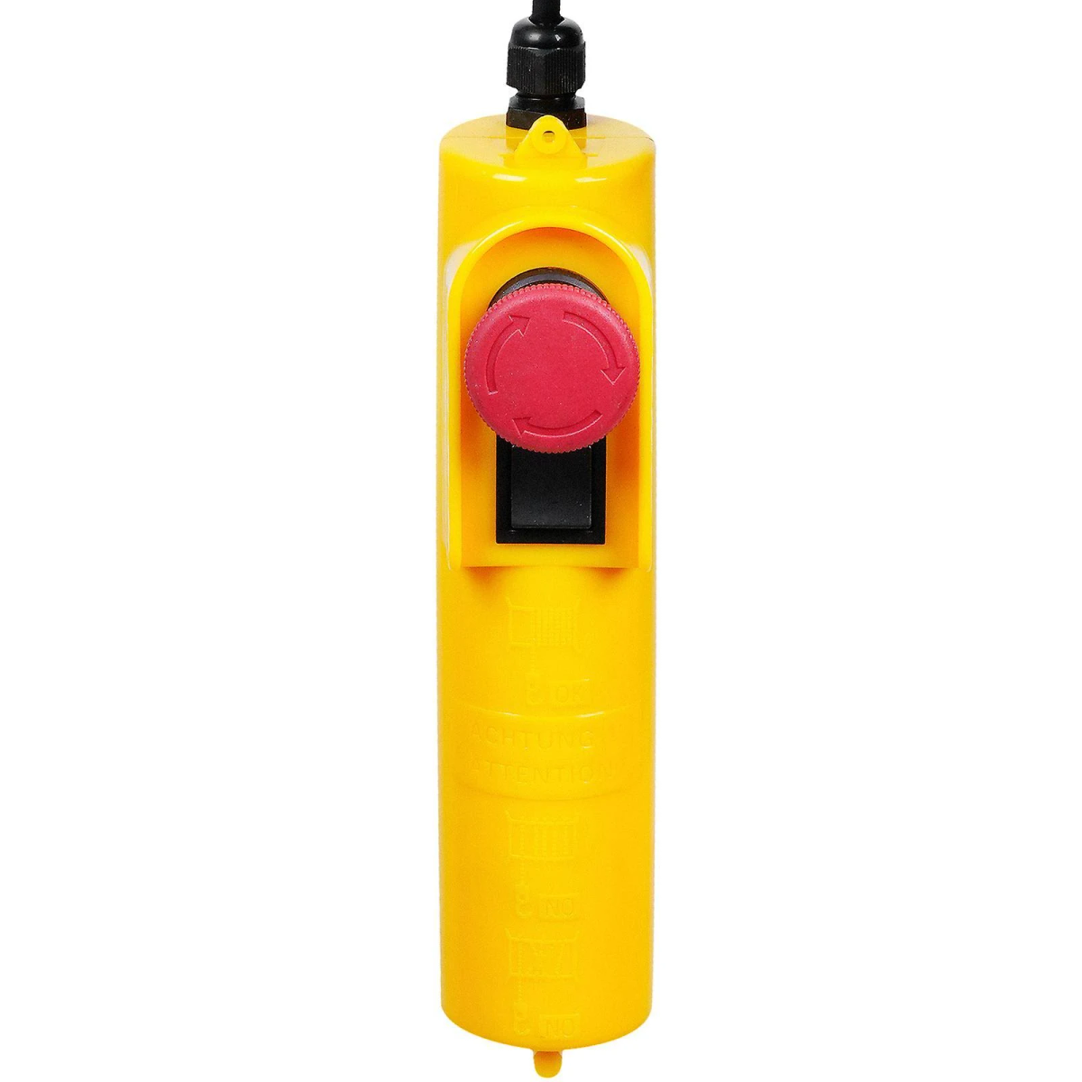 Un control colgante de grúa amarillo con un botón de parada rojo y un interruptor negro.