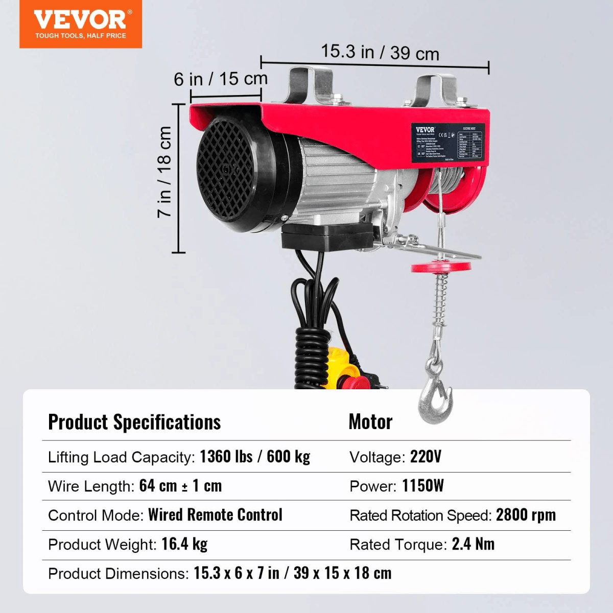 Polipasto eléctrico rojo con etiquetas de dimensiones y especificaciones.