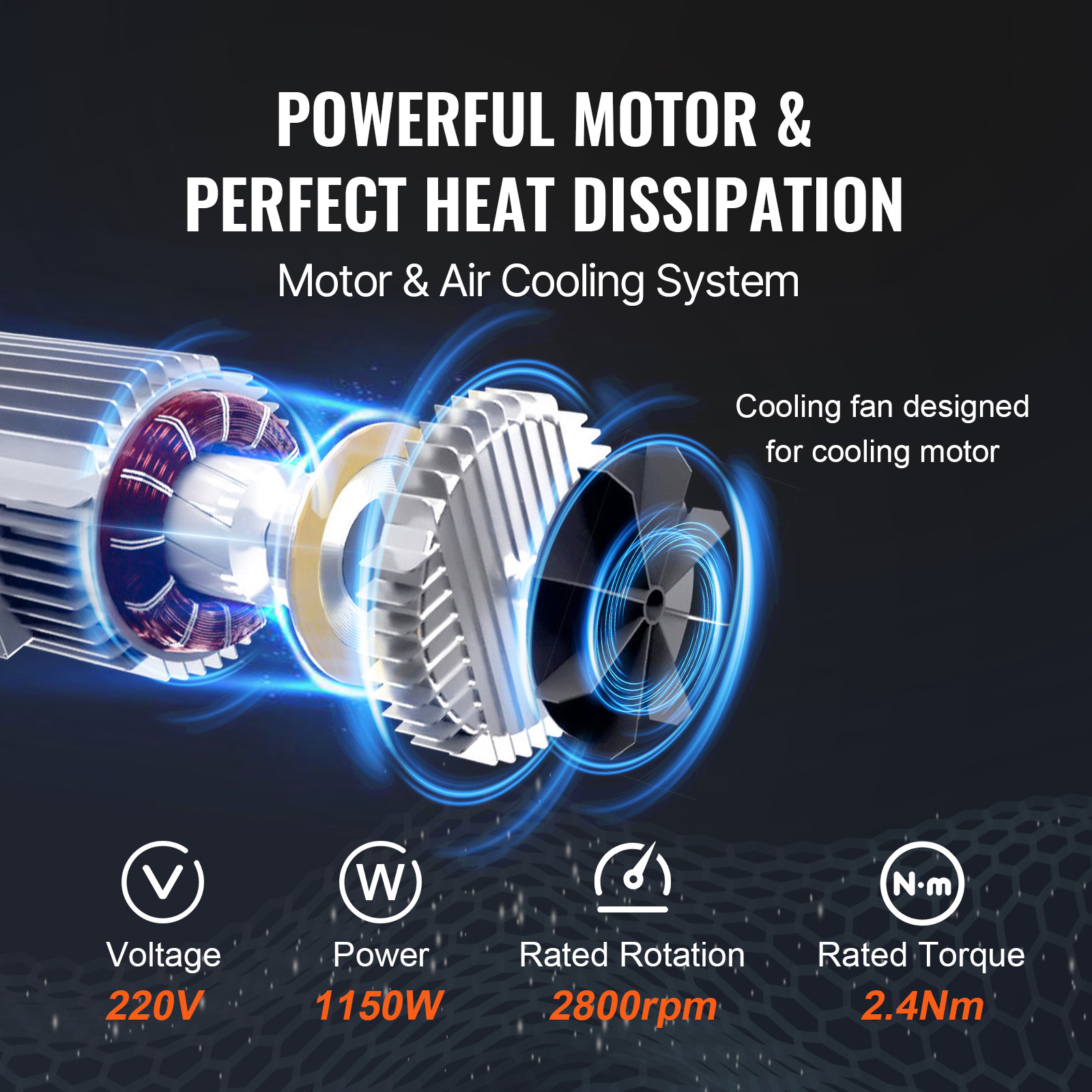 Diagrama que muestra la refrigeración del motor con ventilador y especificaciones.