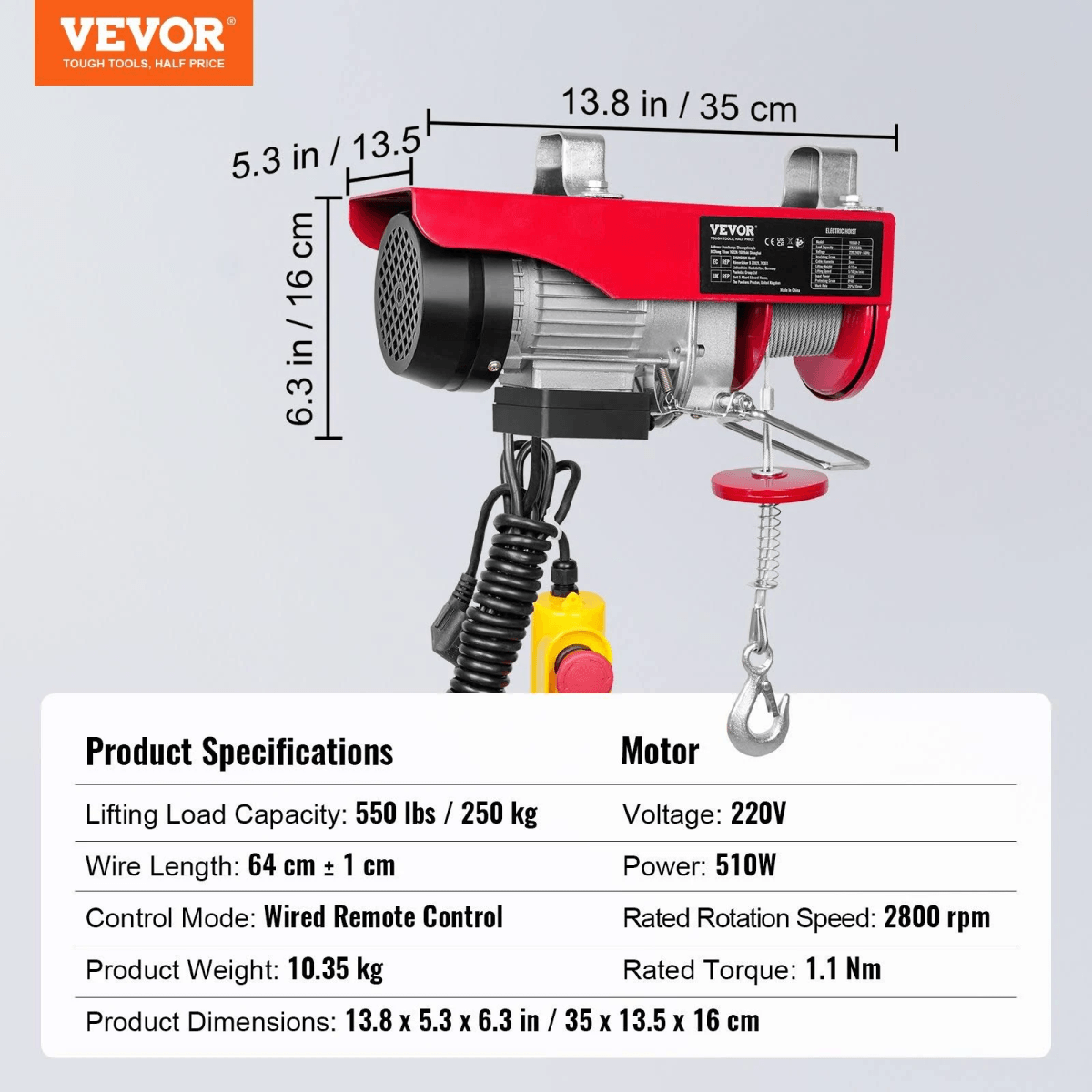 Polipasto eléctrico rojo con dimensiones y especificaciones del producto.