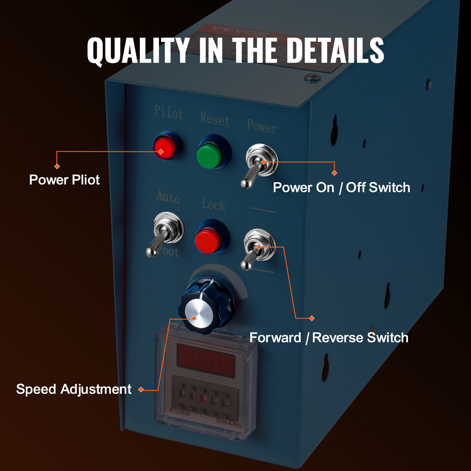 Caja de control azul con interruptores, botones y perilla de ajuste de velocidad.