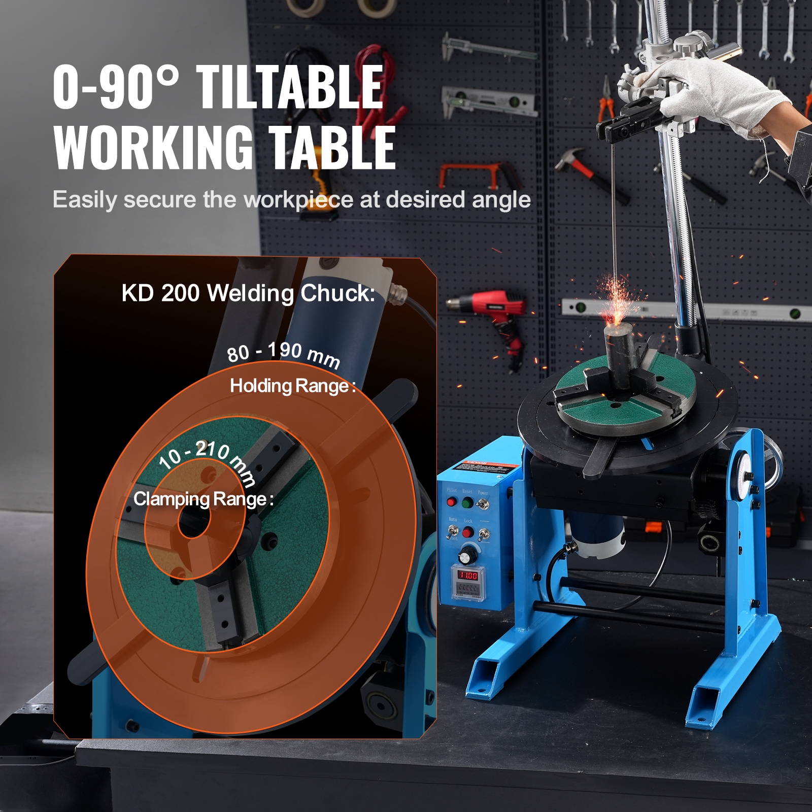Mesa de soldadura inclinable con mandril, generando chispas, con un inserto que muestra especificaciones.