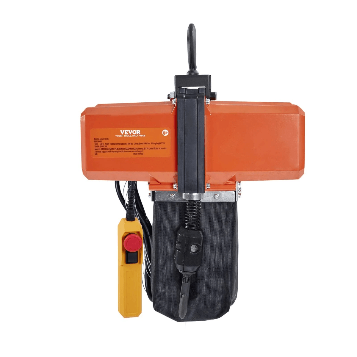 Un polipasto eléctrico naranja y negro con control remoto amarillo sobre fondo blanco.