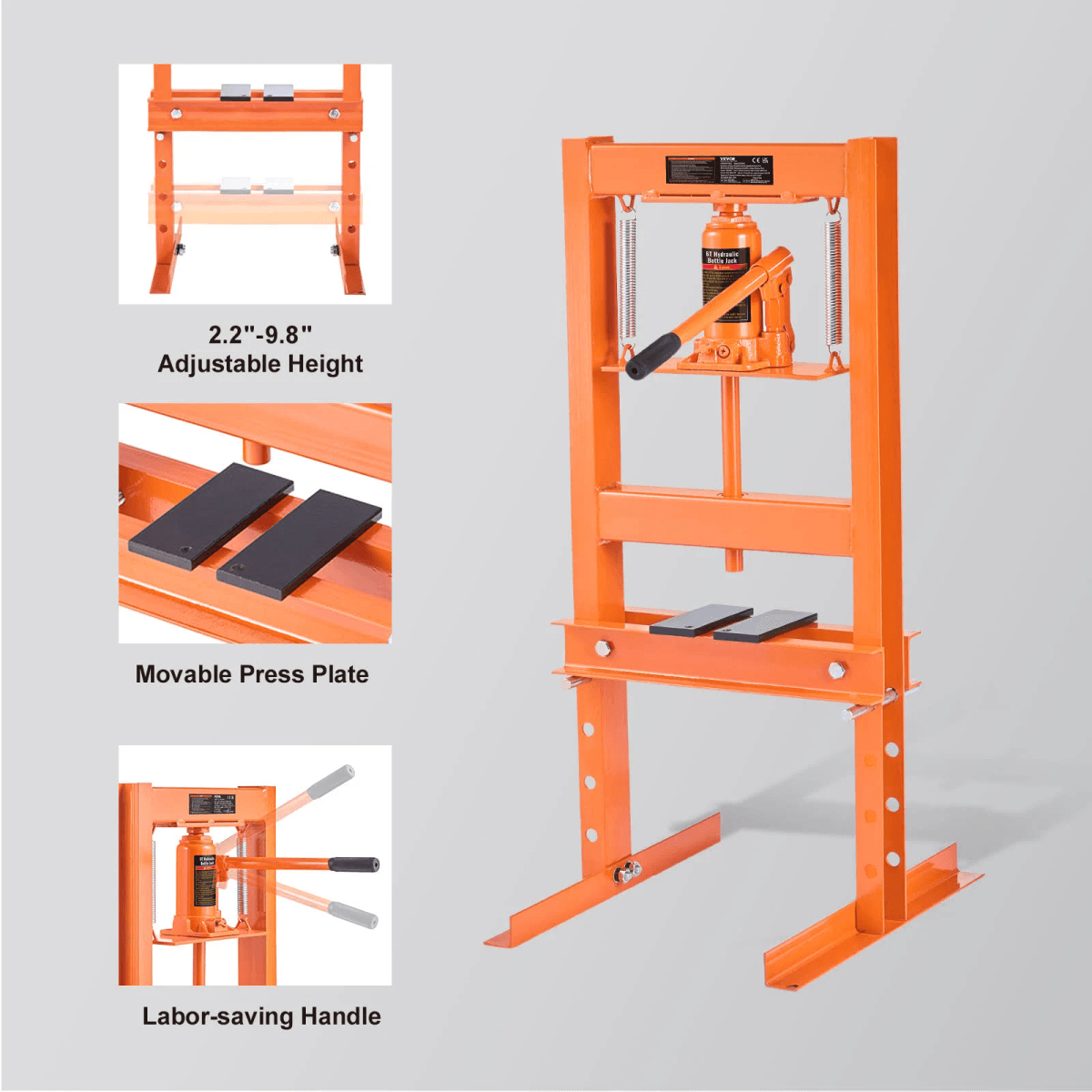 Prensa hidráulica naranja con altura ajustable, placas móviles y mango ergonómico.