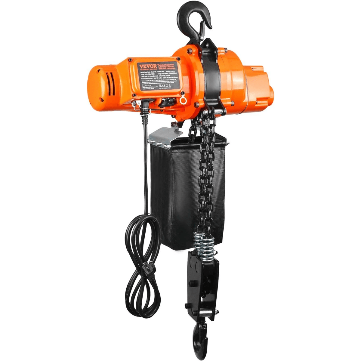 Un polipasto eléctrico naranja con gancho negro, bolsa de cadena y cable en espiral.