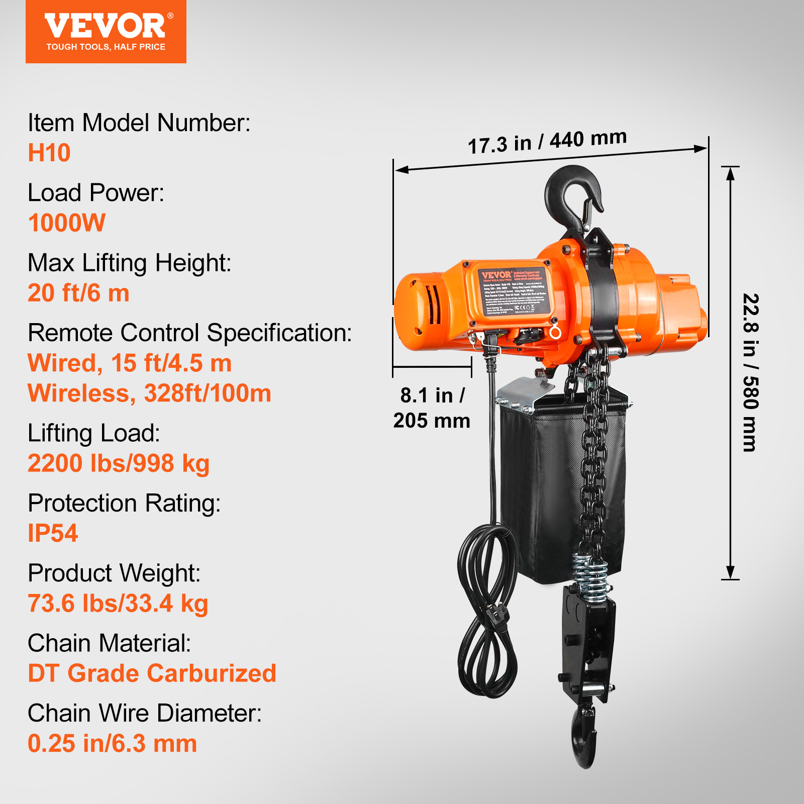 Dibujo técnico y especificaciones de un polipasto de cadena Vevor naranja con dimensiones y datos de carga.