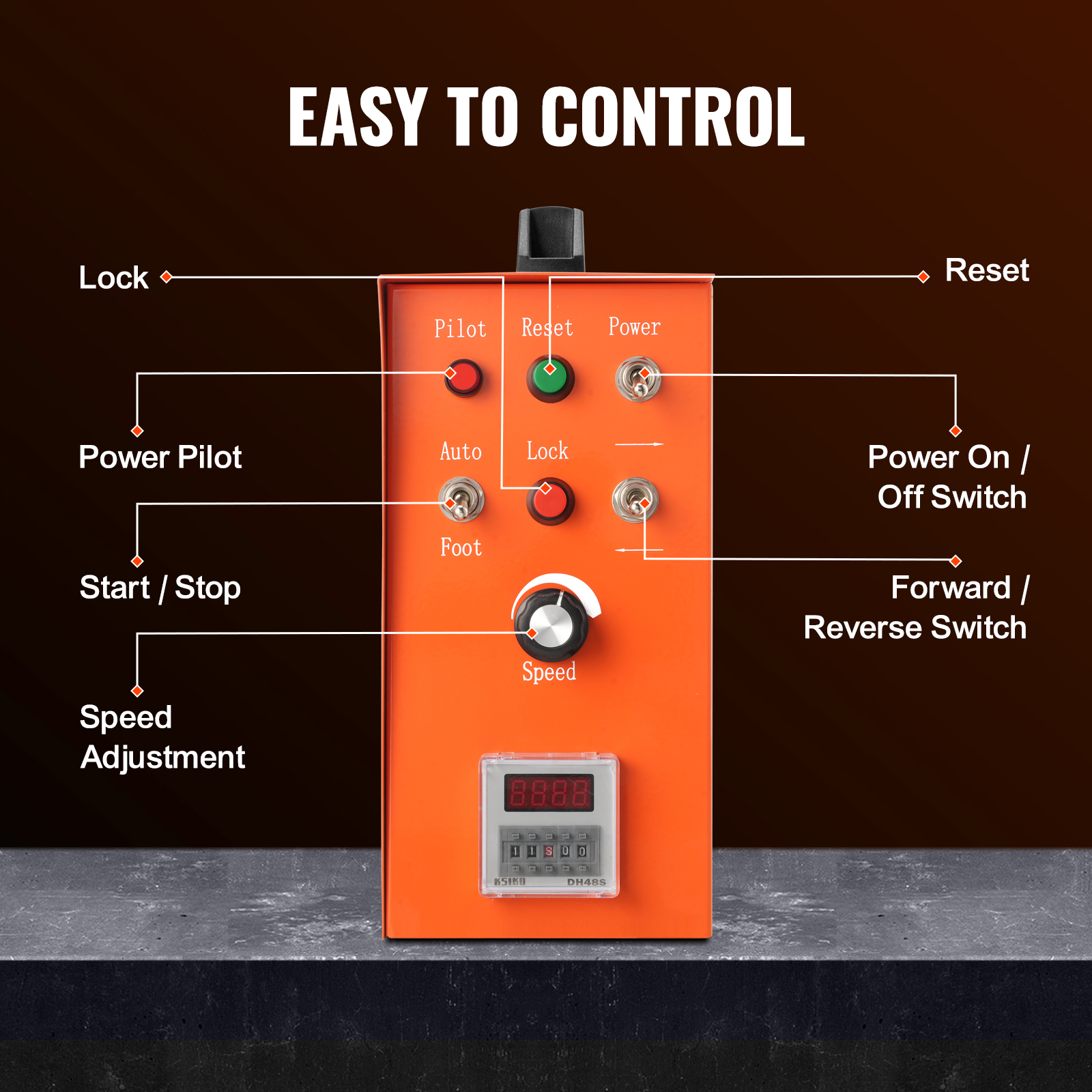 Una caja de control naranja con botones, interruptores, un dial de velocidad y una pantalla digital.
