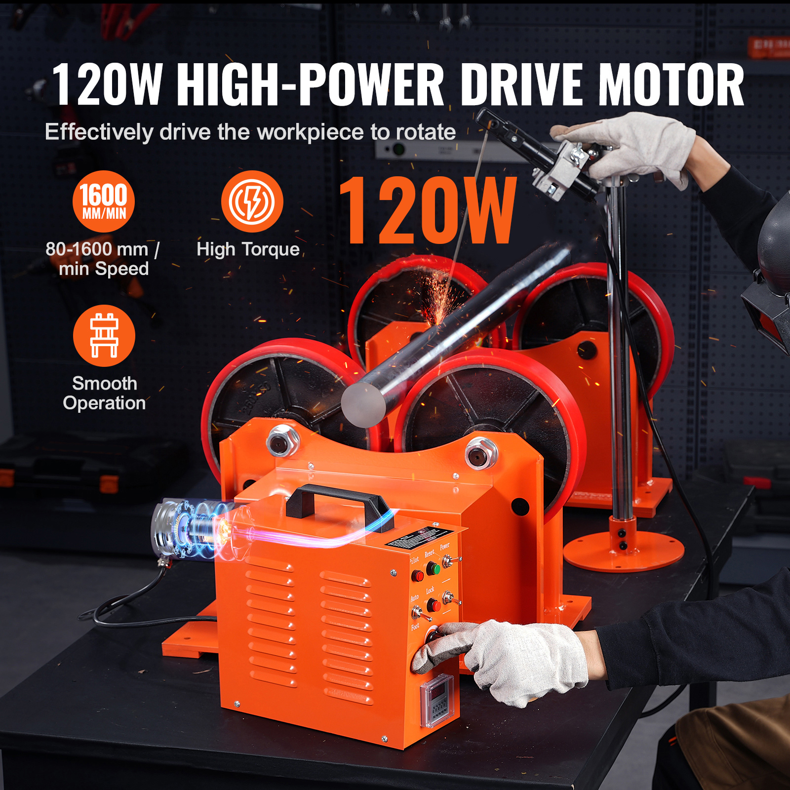Una máquina rotativa de soldadura de tubos amarilla con motor de 120W y textos.