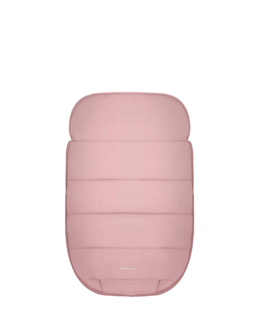 Ein rosafarbener Kinderwagen-Fußsack auf weißem Hintergrund mit horizontalen Nähten und kleinem Markenlogo.