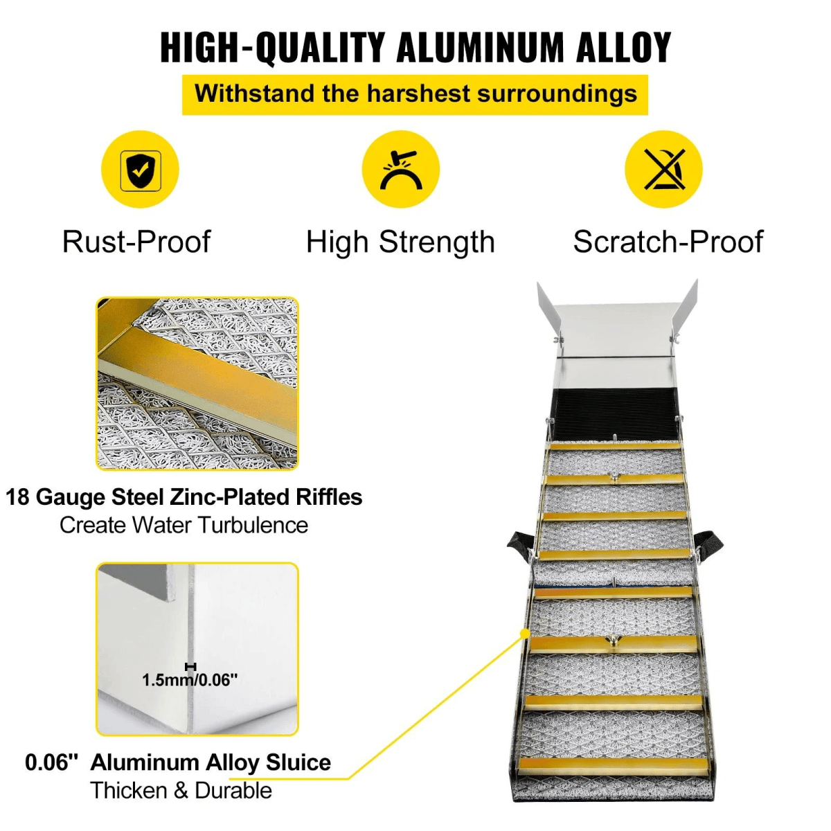 Canaleta de aluminio con propiedades inoxidables, antirrayas, alta resistencia y detalles de riffles.