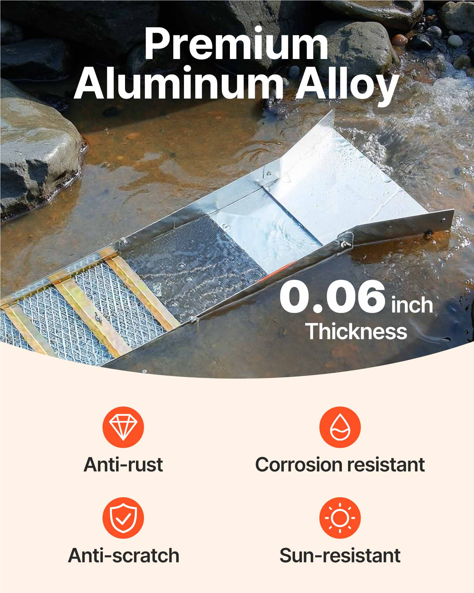 Canaleta de oro de aluminio en agua corriente con texto y características.