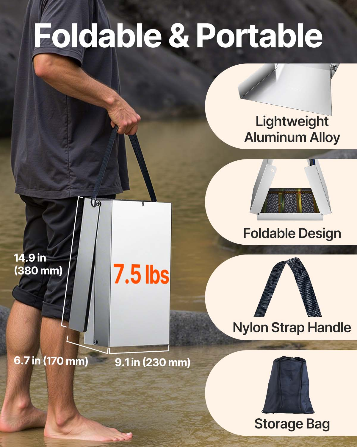 Un hombre sostiene una fogata de aluminio plegable y portátil, con dimensiones, peso y accesorios en inserciones.