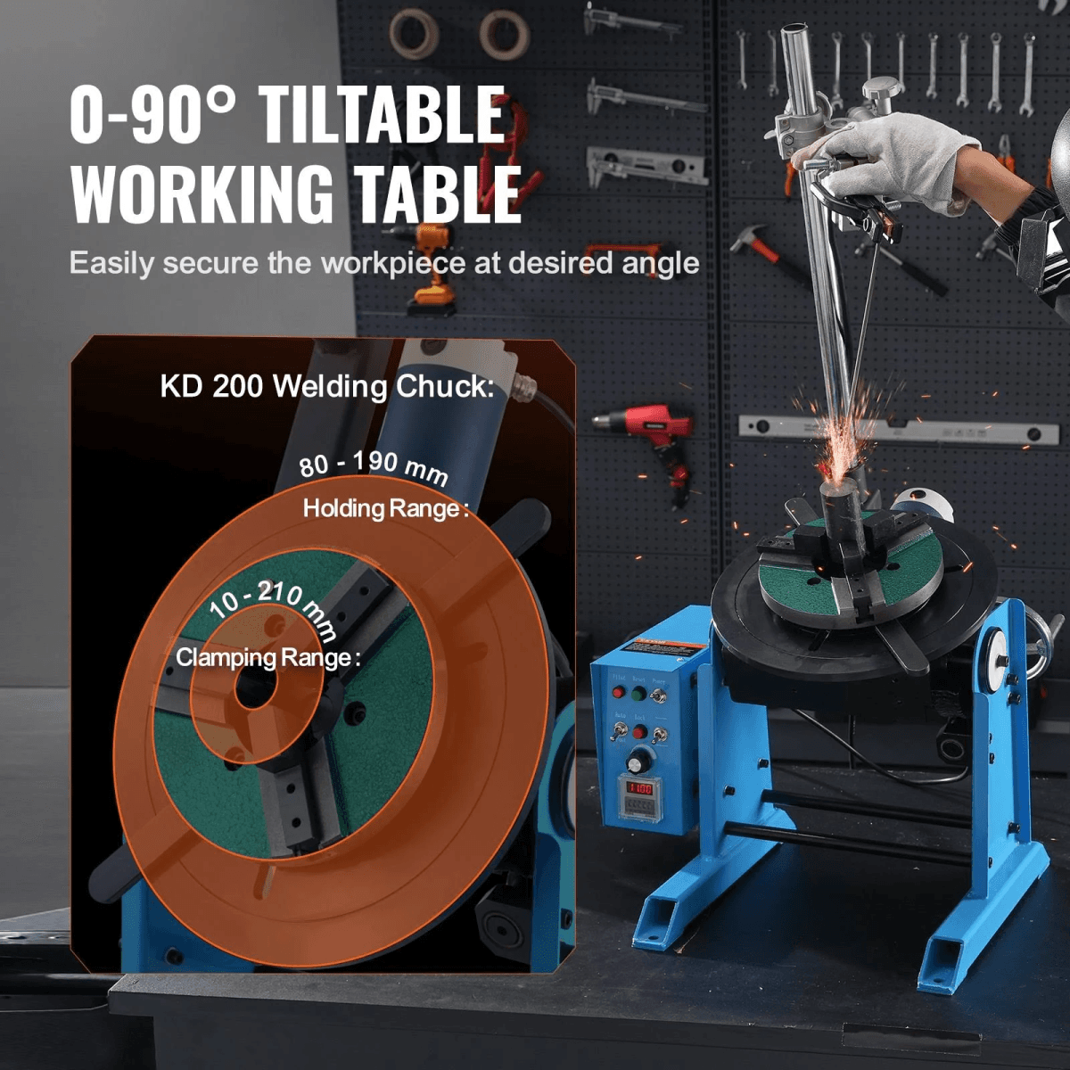 Mesa de trabajo de soldadura inclinable azul con diagrama de mandril.