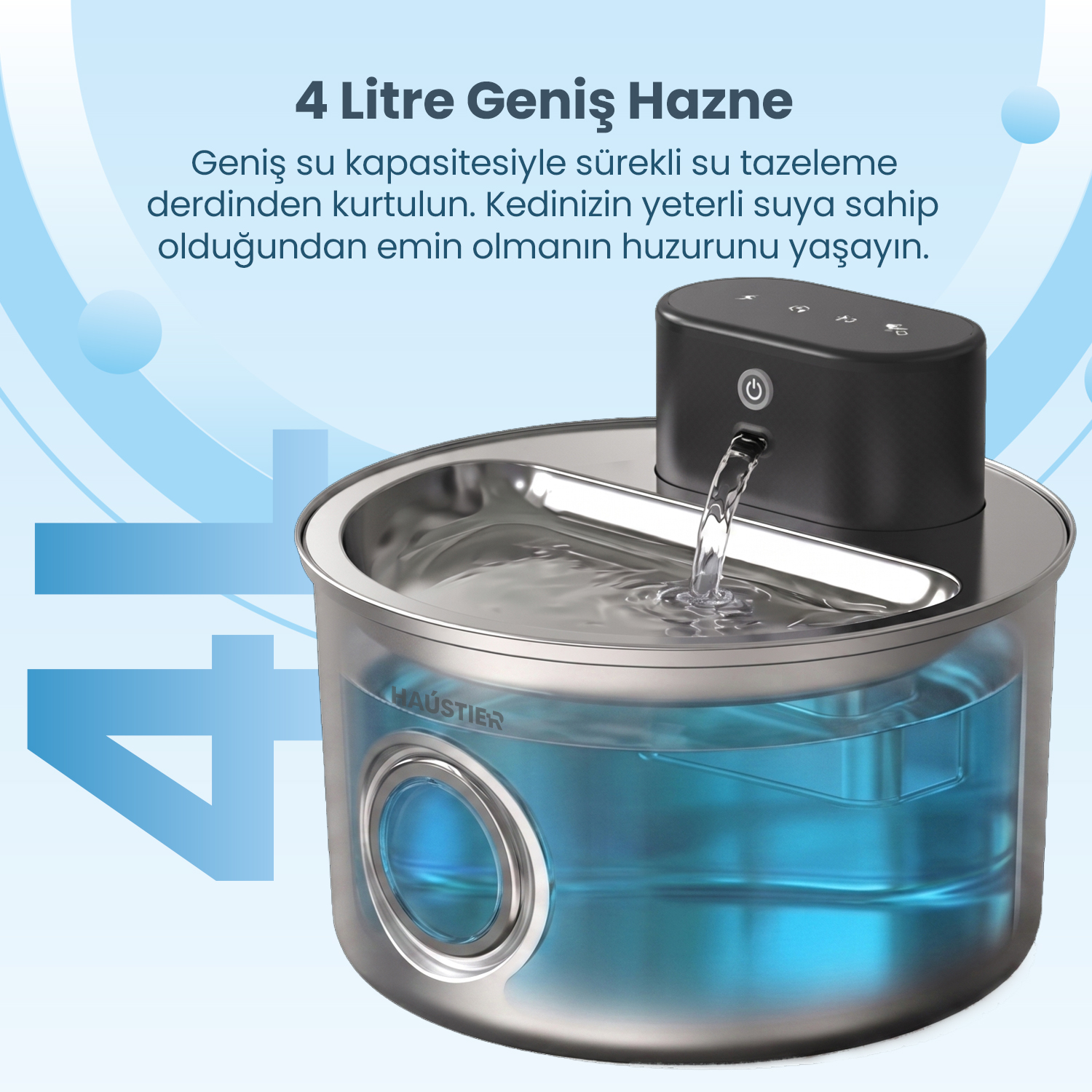 Geniş şeffaf 4 litrelik su haznesine sahip paslanmaz çelik otomatik evcil hayvan su pınarı.