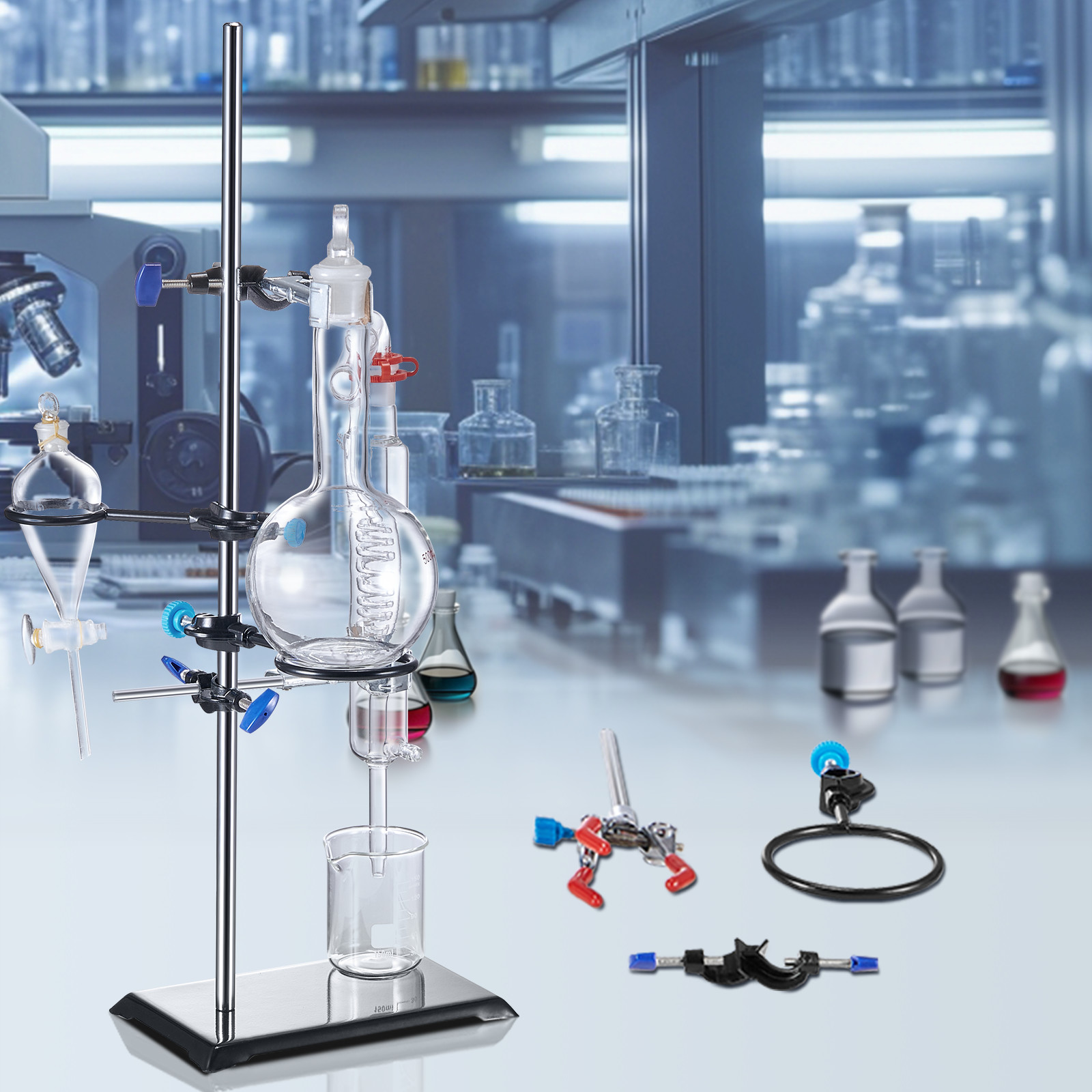 Aparato de química de vidrio en soporte metálico.