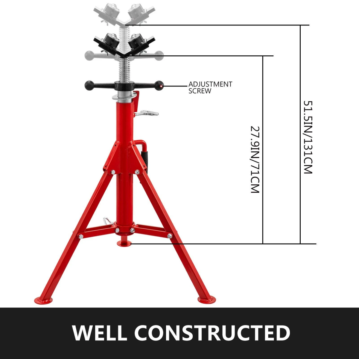 Soporte de tubería ajustable rojo con dimensiones de altura de 71 a 131 cm sobre fondo blanco.