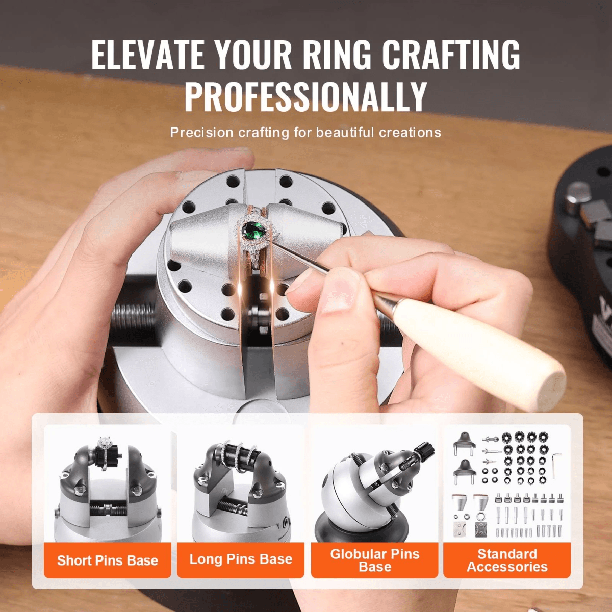 Manos usando una herramienta en un anillo dentro de una bola de grabado con diferentes bases y accesorios.