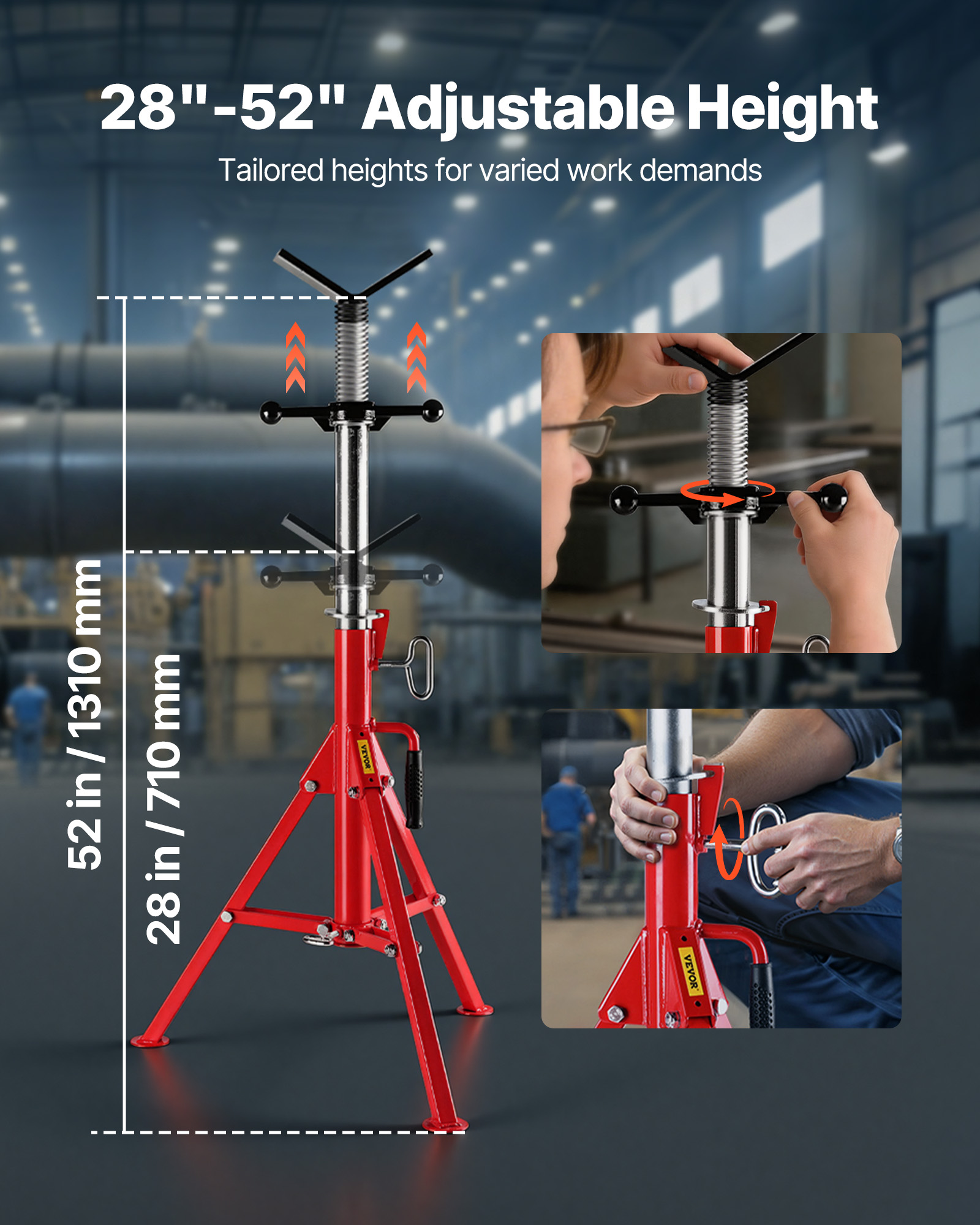 Soporte para tubos en V rojo ajustable con marcas de altura de 28 a 52 pulgadas en una fábrica.
