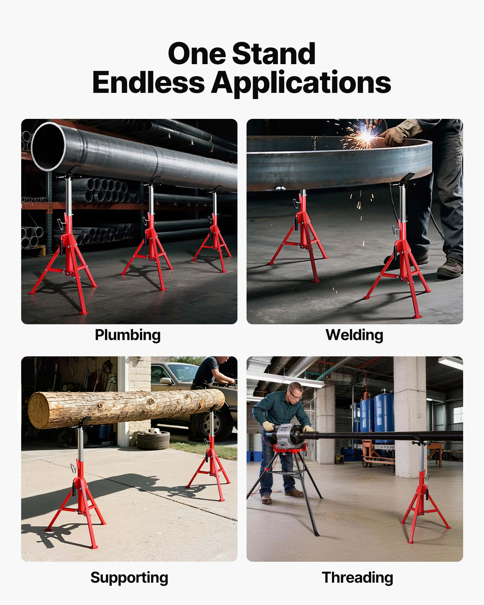 Cuatro paneles muestran soportes de trípode rojos para fontanería, soldadura, soporte de troncos y roscado.