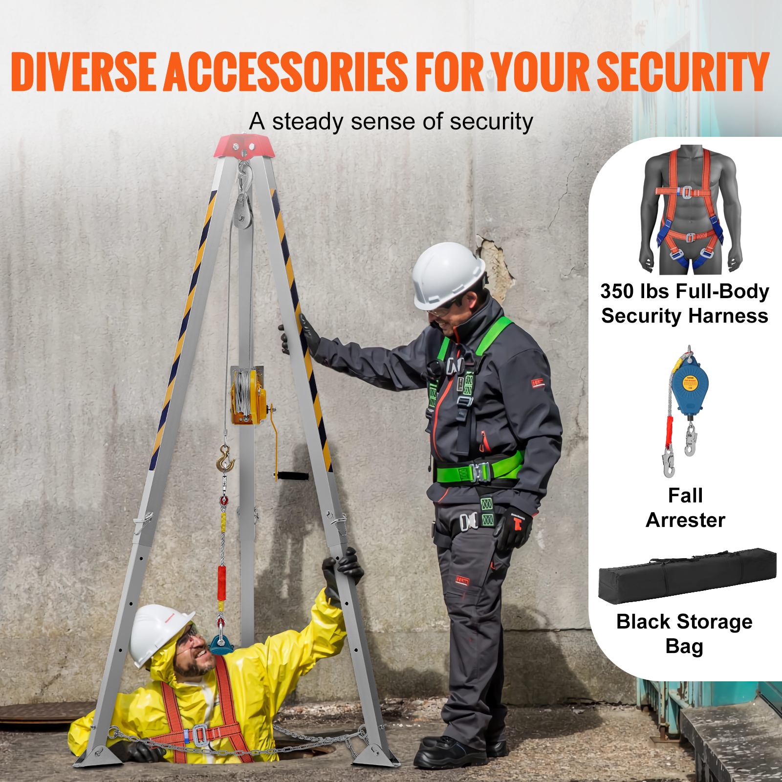 Dos trabajadores con equipo de seguridad y trípode para espacios confinados, con accesorios a un lado.