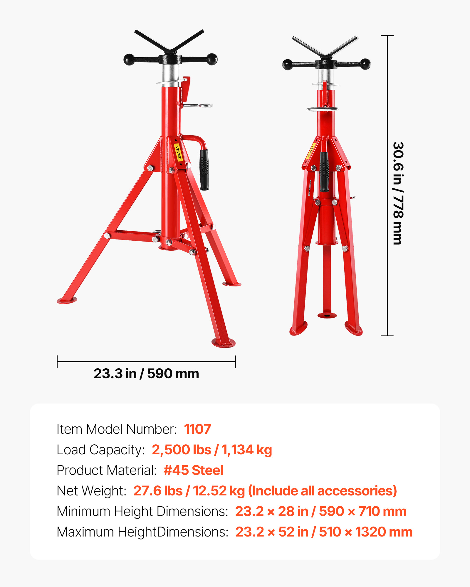 Dos soportes de gato rojos con líneas de dimensión y especificaciones en blanco.